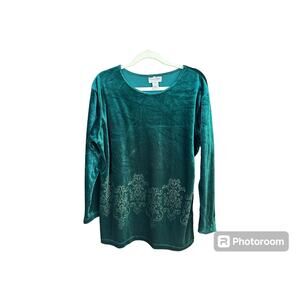 VTG Diane Von Furstenberg Velvet Blouse Medium Green Embossed Tunic Long Sleeve
